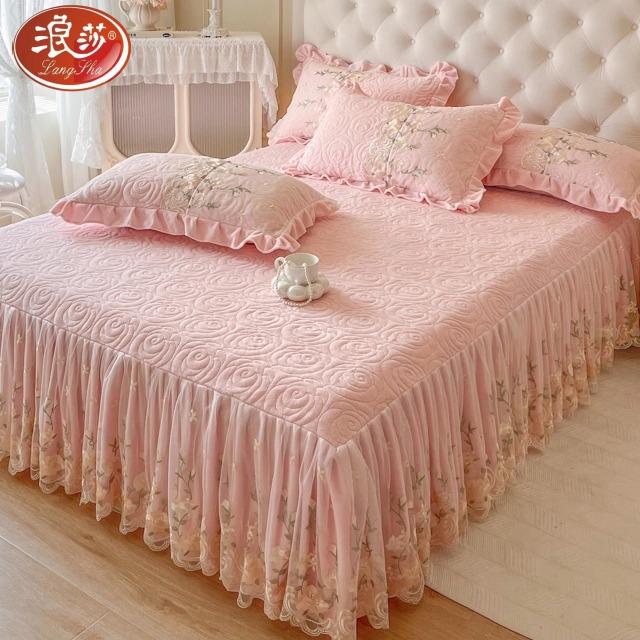 浪莎秋冬季牛奶绒保暖双层蕾丝花边床裙夹棉床罩床垫保护罩三件套
