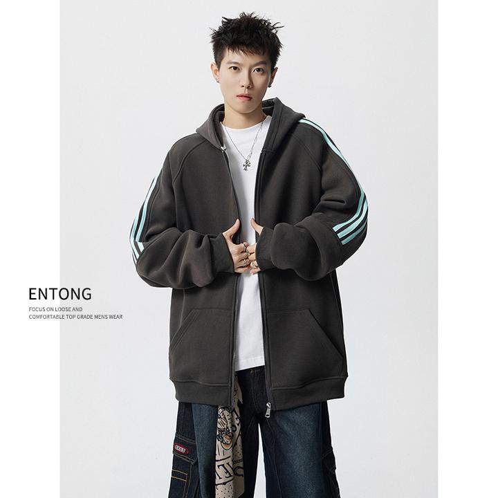 Entong美式潮牌三条杠连帽卫衣男生春秋款宽松休闲情侣款开衫外套