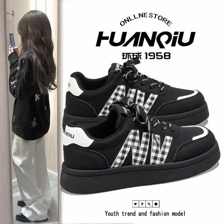环球韩版百搭黑色鞋子女2025新款学生休闲运动厚底增高软底板鞋潮