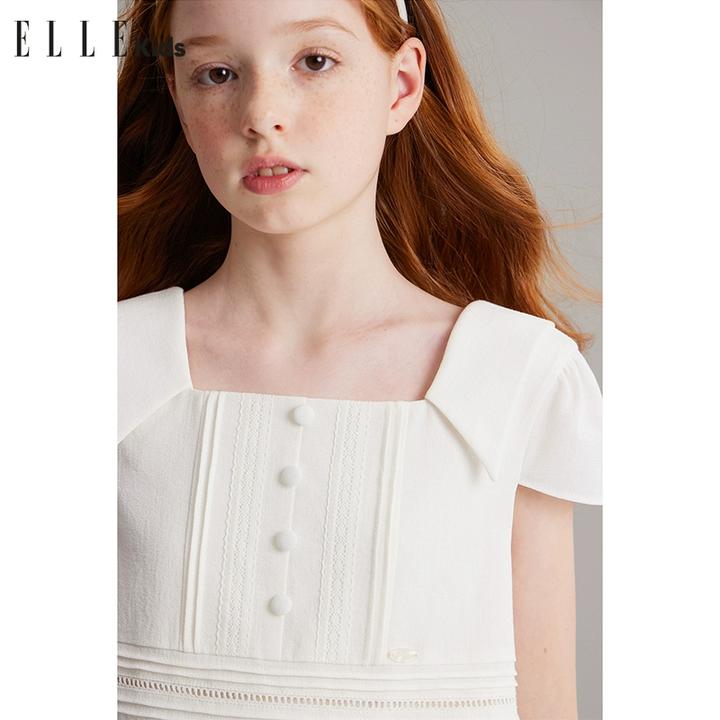 ELLE KIDS法式优雅方领短袖衬衫女童夏季新款蕾丝复古风上衣X2