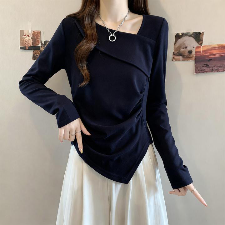 新款纯棉斜肩设计感不规则长袖T恤女秋冬小众内搭打底衫显瘦上衣