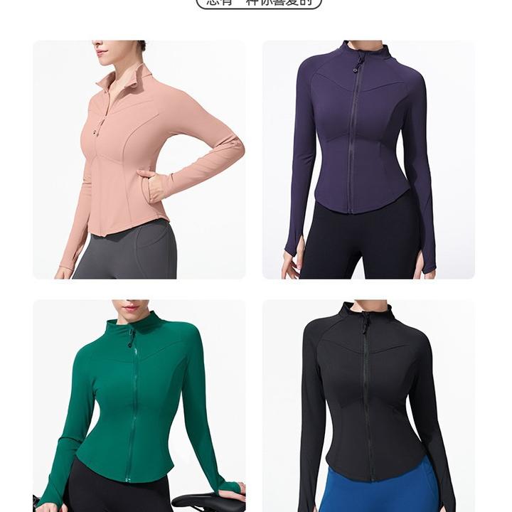 立领修身高口袋瑜伽上衣长袖背纱透指外