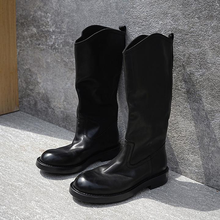 【奢品】头层牛皮~做旧复古褶皱平底中筒靴宽筒大筒围一脚蹬骑士靴