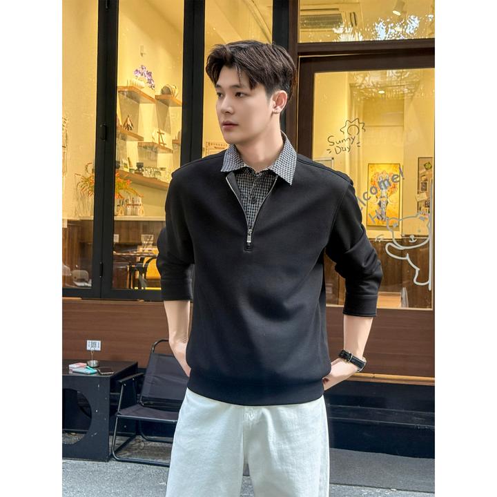 『都市周末』秋冬新贵设计感拼接千鸟格男士假两件长袖POLO衫