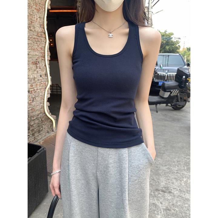 基础款纯色遮副乳U领无袖上衣女夏季小个子外穿吊带修身工字背心
