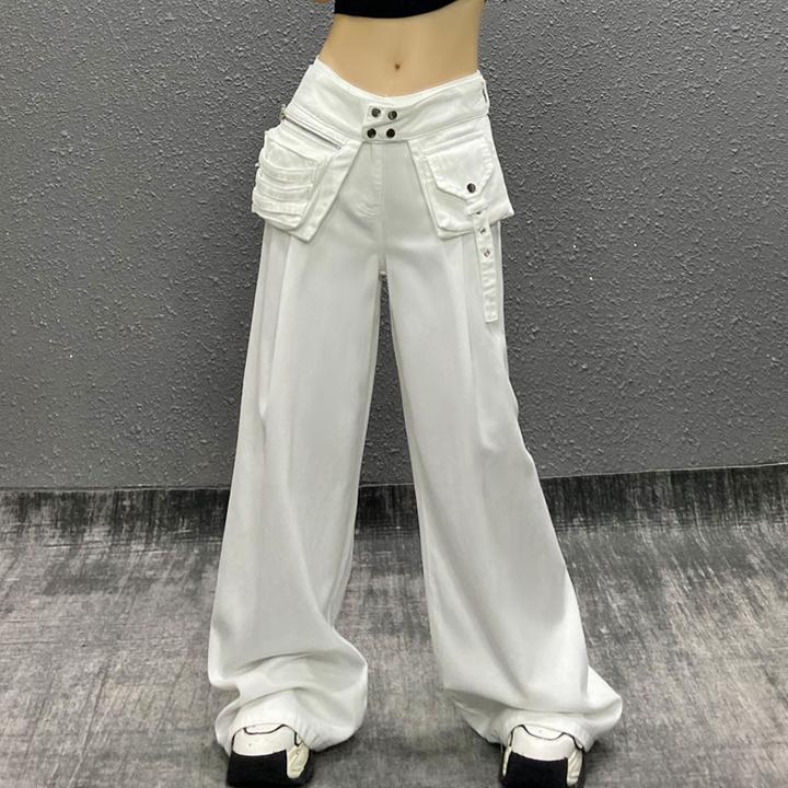 白色休闲牛仔裤女春新款帅气口袋高腰宽松显瘦百搭直筒阔腿拖地裤