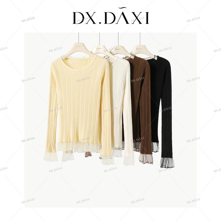 DX.DAXI【蕾丝轻语】甜美网纱拼接针织衫冬新款修身显瘦纹理打底衫