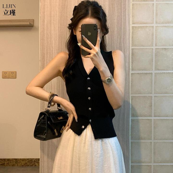 夏季黑色高级针织开衫马甲背心女V领无袖坎肩小香风修身气质上衣
