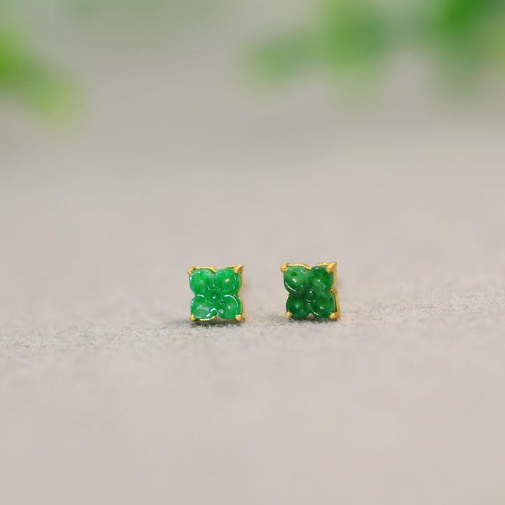 #I226 18K金镶嵌冰种满绿天然A货翡翠四叶草耳钉耳饰