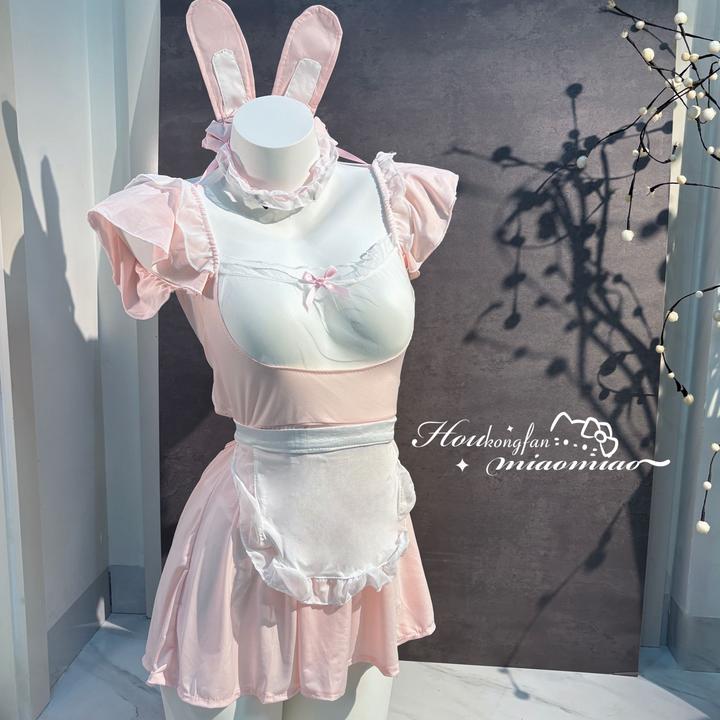 后空翻喵喵「甜心泡芙」甜美纯欲丝滑面料兔兔尾巴木耳花边绑带睡裙