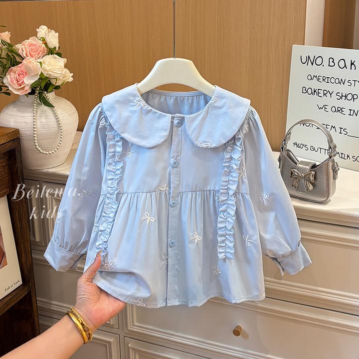 女童长袖棉质娃娃衫木耳边衬衣女宝衬衫春秋季新款春秋儿童长袖潮