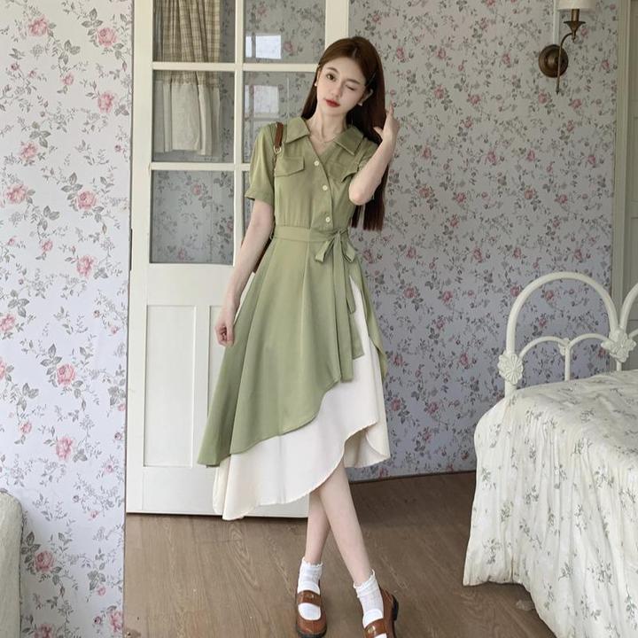 大码夏季法式气质收腰显瘦连衣裙女胖mm小个子遮肚子不规则衬衫裙