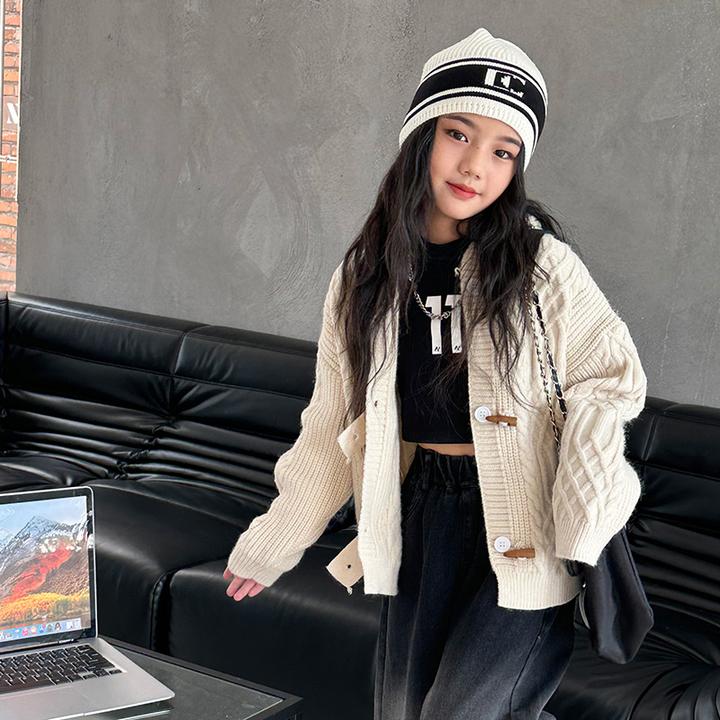 女童开衫毛衣外套秋冬2025新款秋冬装大儿童连帽针织衫加厚上衣潮