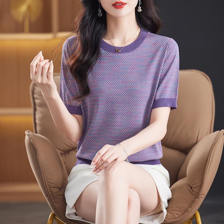 莱赛尔天丝针织衫女2025夏装薄款短袖t恤妈妈宽松正肩上衣小衫新