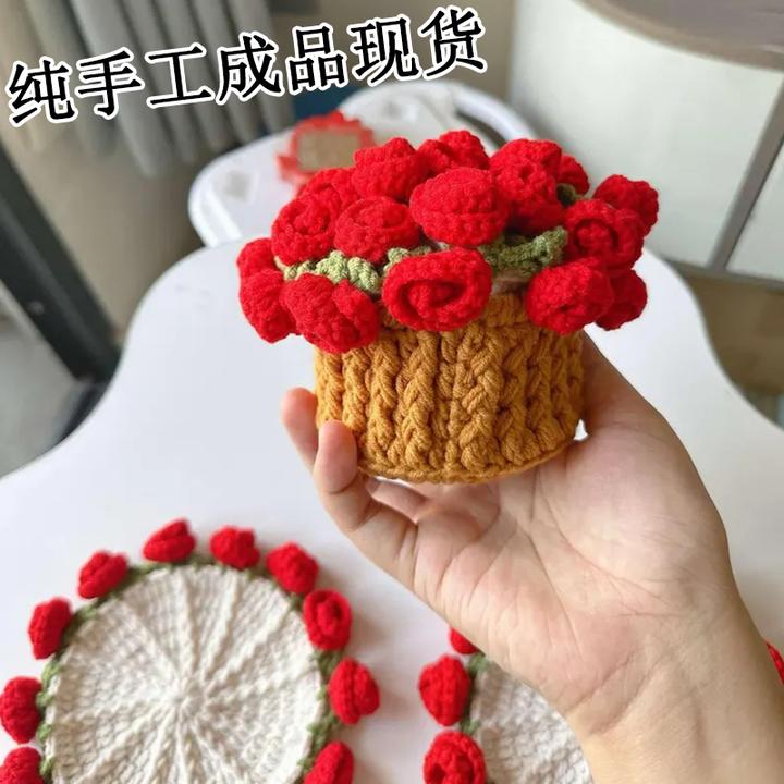 成品手工钩织迷你花束杯垫毛线钩织田园风格送闺蜜礼物 玫瑰花毯