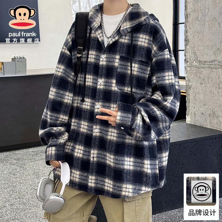 PaulFrank/大嘴猴格纹连帽长袖衬衫男士秋季新款美式潮牌休闲衬衣