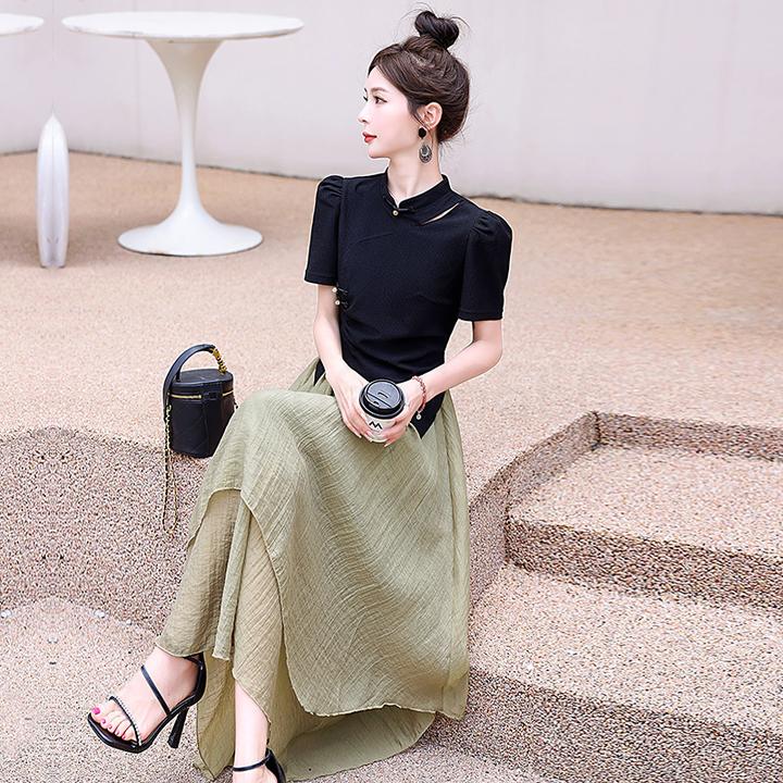 洋气气质夏季套装长款新款夏装现货新中式提花针织上衣高腰套裙