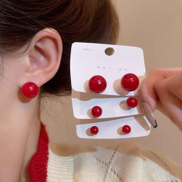 铜合金锆石耳饰 S925银针喜庆红色相思豆耳钉女复古中国风亚克力