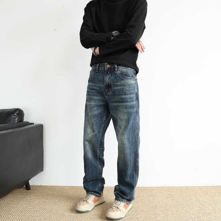 男士复古直筒牛仔裤2025秋季美式休闲百搭水洗纹理感蓝色宽松长裤
