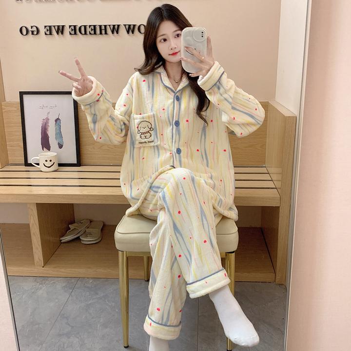条纹小狗秋冬季睡衣女长袖长裤2025冬季新款法兰绒保暖家居服套装