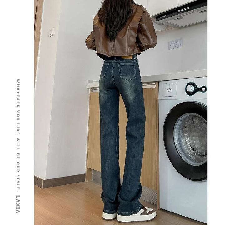 质感蓝直筒牛仔裤女2025年春秋新款高腰现在宽松窄版阔腿烟管裤子