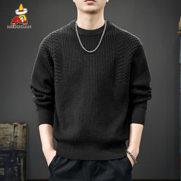 Mexican/稻草人冬季绞花纹圆领毛衣男款宽松慵懒风男士套头针织衫