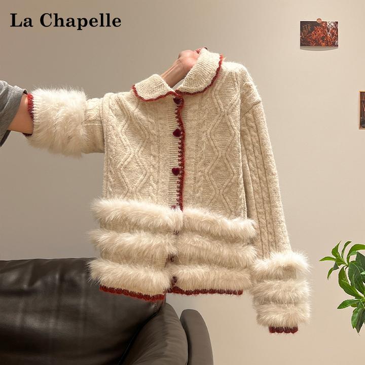 拉夏贝尔学院风娃娃领针织开衫毛衣女秋冬季爱心纽扣长袖上衣外套