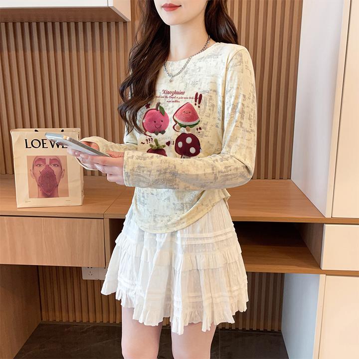2025早秋季爆款卡通修身收腰长袖T恤女韩版不规则褶皱扎染上衣ins