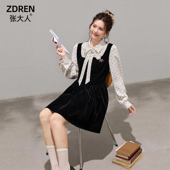 张大人【波点丝绒】大码女装微胖妹妹波点蝴蝶领假两件丝绒连衣裙