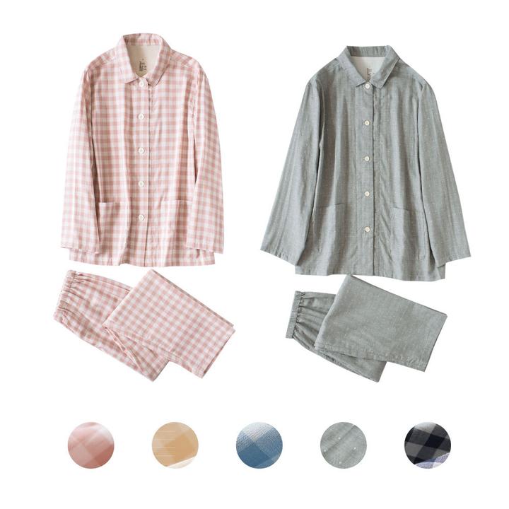 双层纱睡衣无印无侧缝日式良品格子小点春夏新款情侣家居服套装