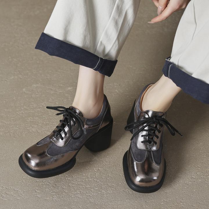 修悦~大码鞋真皮德训鞋女厚底系带拼色高跟单鞋增高复古风休闲鞋