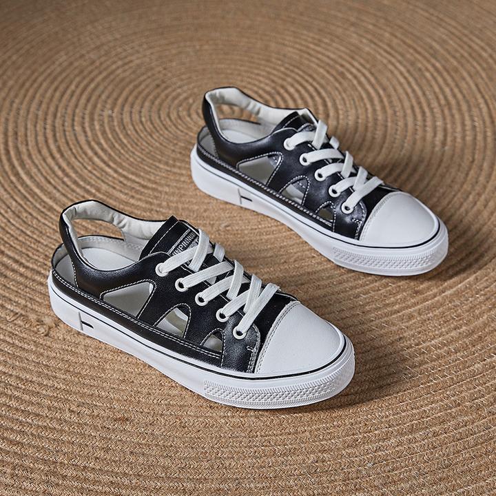 2023年夏季新款真皮小白鞋女包头软底凉鞋女大码41-43镂空休闲鞋