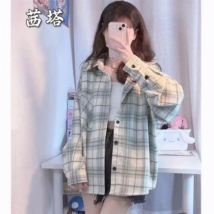 2025春夏格子衬衫女内搭外穿小众设计上衣宽松慵懒港风垂坠感外套