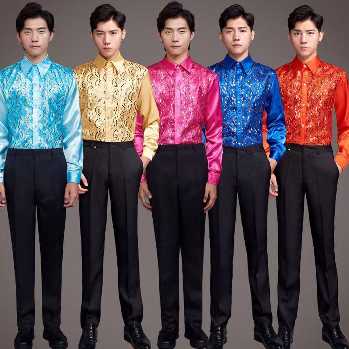 男士长袖演出服衬衫主持人歌手大合唱舞蹈表演装舞台闪光亮片衬衣