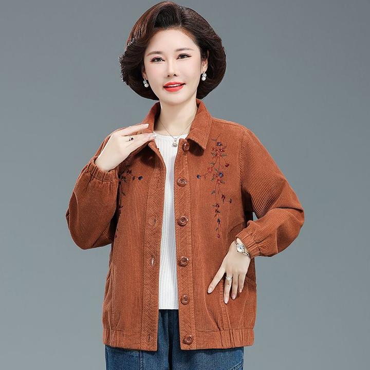 春秋妈妈外套灯芯绒绣花中老年条绒夹克女装大码奶奶纯棉宽松上衣