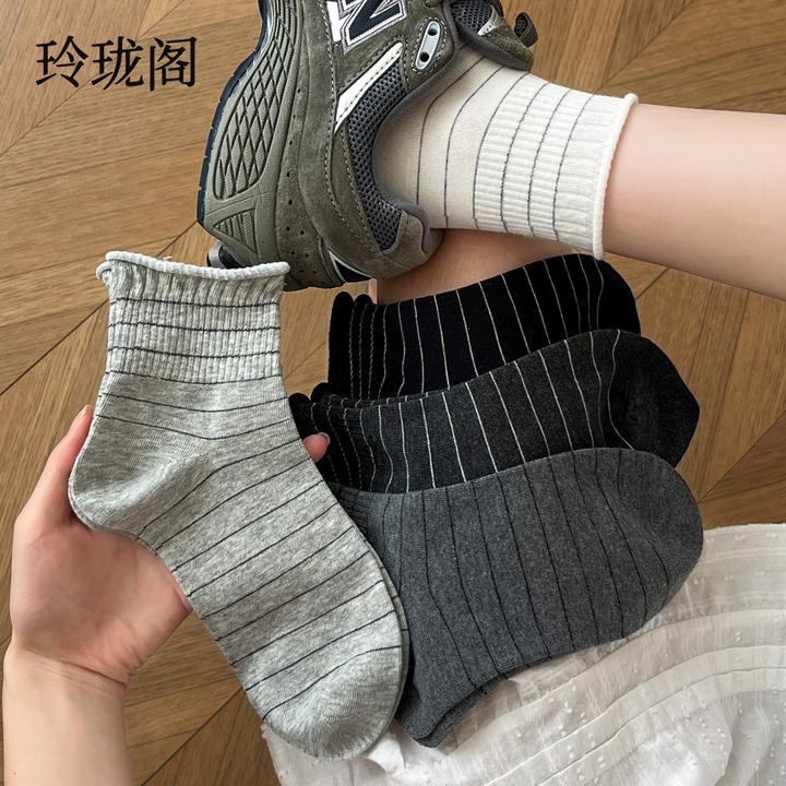 条纹袜子女款爆款网红款秋季纯色简约百搭透气中筒袜韩系ins风