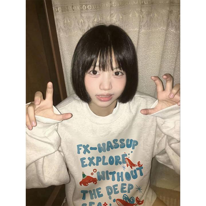胖mm300斤韩系印花白色长袖t恤女秋季新款宽松圆领卫衣高级感外套