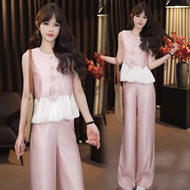 拉夏贝尔时尚法式套装女2025夏季洋气减龄无袖上衣阔腿裤两件套潮