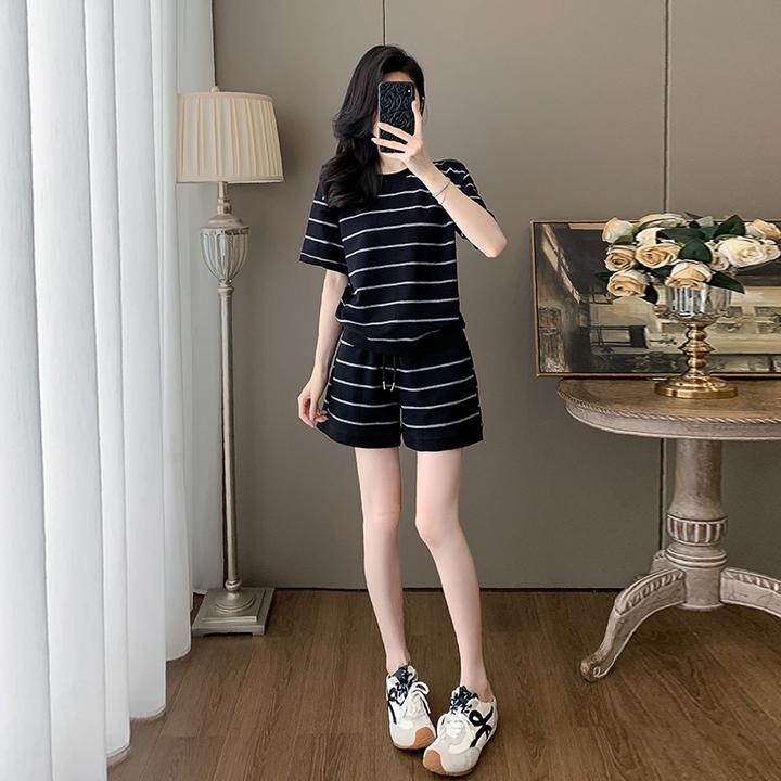 3369条纹运动休闲运动套装显瘦夏装薄款网红高腰夏季翻领