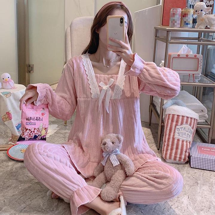 珊瑚绒睡衣女春秋冬季加厚保暖甜美可爱法兰绒家居服两件套装蓝色