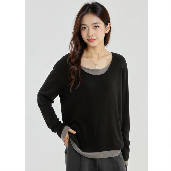 门店32&9！显瘦纸片人！空气感羊绒感抓毛假两件长袖T恤女 D00059