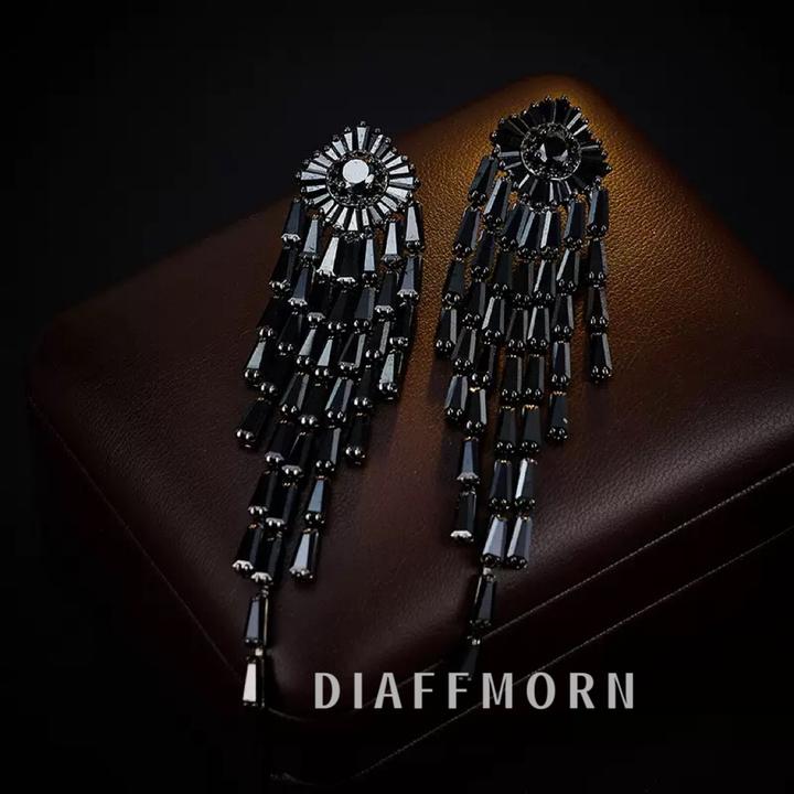 铜合金仿水晶耳饰 YM《黑天鹅》 重工高级复古黑色流苏耳环