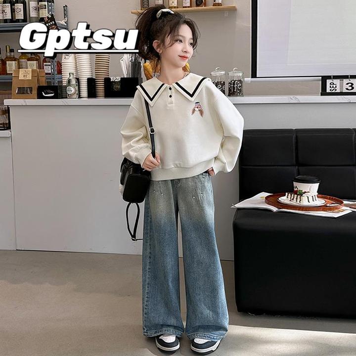 GPTSu女童春秋套装2025新款洋气童装海军领卫衣阔腿裤儿童两件套