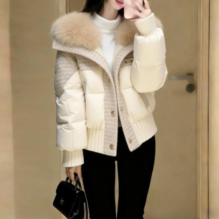 时尚针织拼接棉服女2025秋冬大毛领短款蓬松撞料质感日常保暖外套