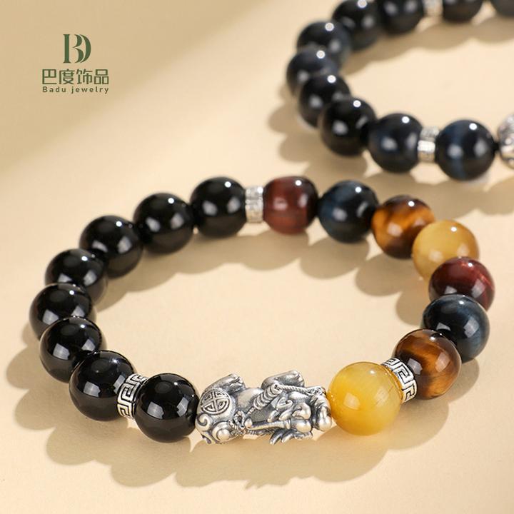 999银貔貅黑玛瑙国潮个性串珠手链男女通用虎眼石手串镶嵌黑色