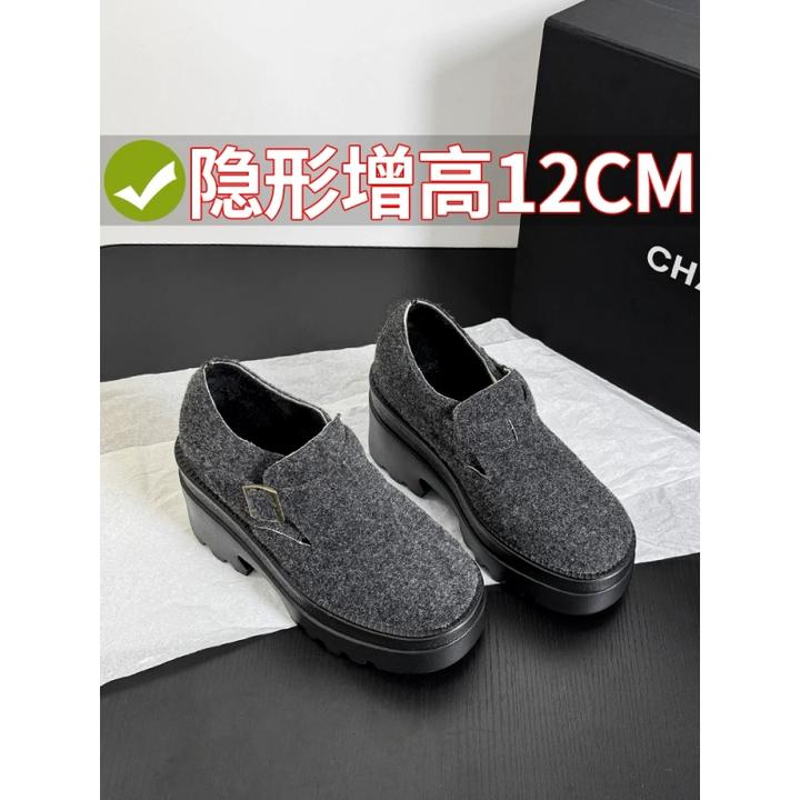 小个子内增高全包勃肯鞋女休闲百搭博肯鞋毛呢单鞋松糕厚底乐福鞋