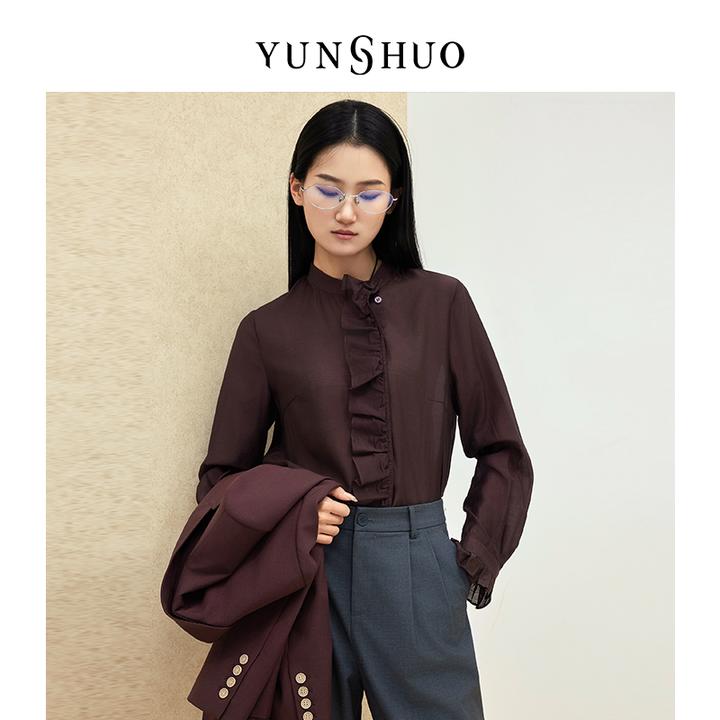 允硕时尚百搭春季新品轻职木耳边气质上衣女装简约宽松衬衣339789