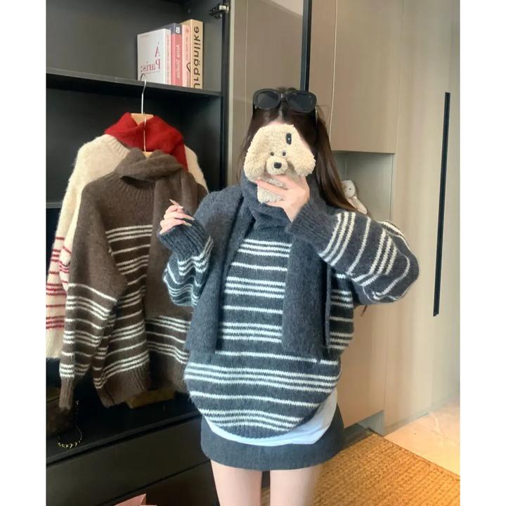 慵懒风复古秋冬韩系条纹撞色针织衫宽松慵懒显瘦毛衣 围巾两件套
