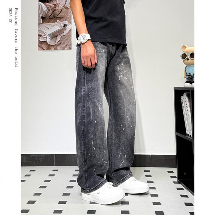 美式高街泼墨牛仔裤男秋冬新款复古水洗宽松直筒裤痞帅潮流阔腿裤