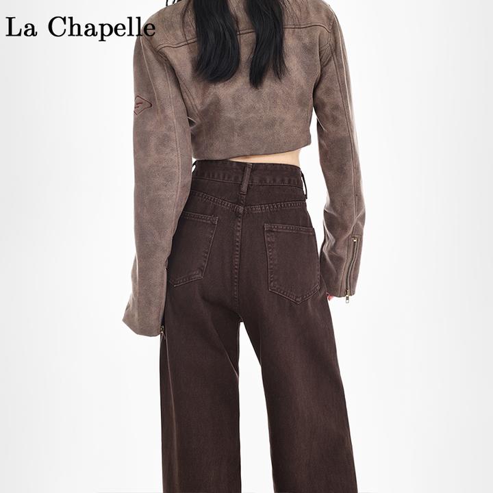 拉夏贝尔美式咖色直筒牛仔裤女秋冬2025新款高腰遮胯垂感阔腿裤子